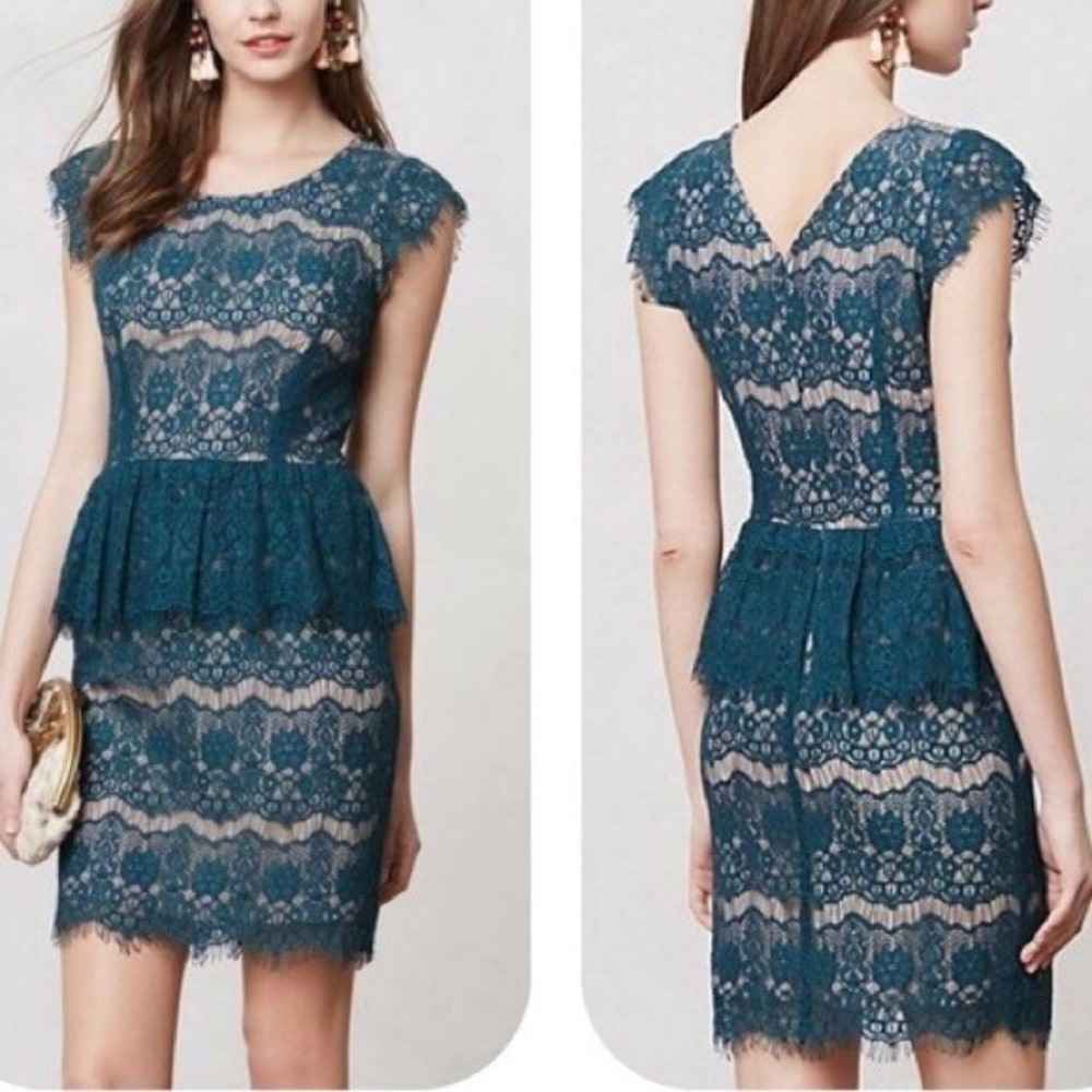 New Large MAEVE Anthropologie Teal Elsa Lace Peplum Ruffle Sheath Pencil Dress